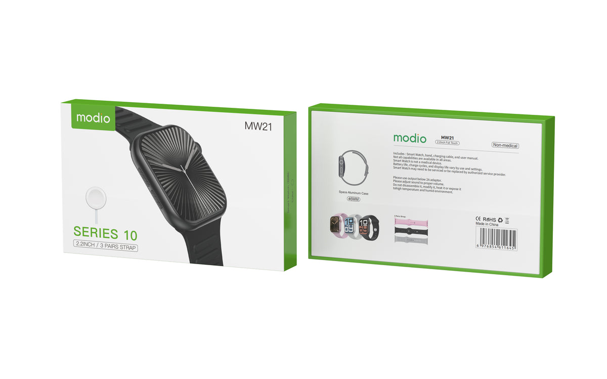 Modio MW21 | Montre connectée avec trois paires de bracelets | Couleur noire