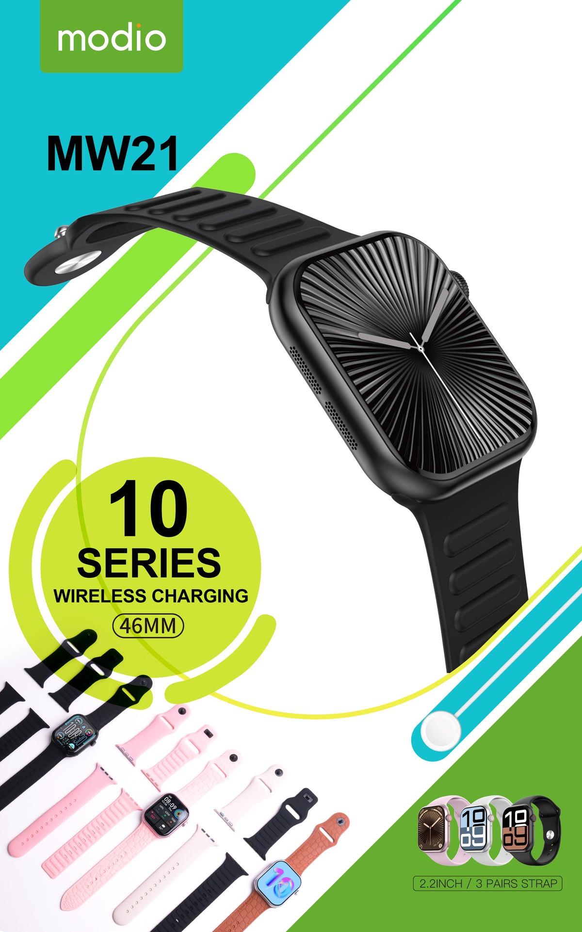 Modio MW21 | Montre connectée avec trois paires de bracelets | Couleur noire
