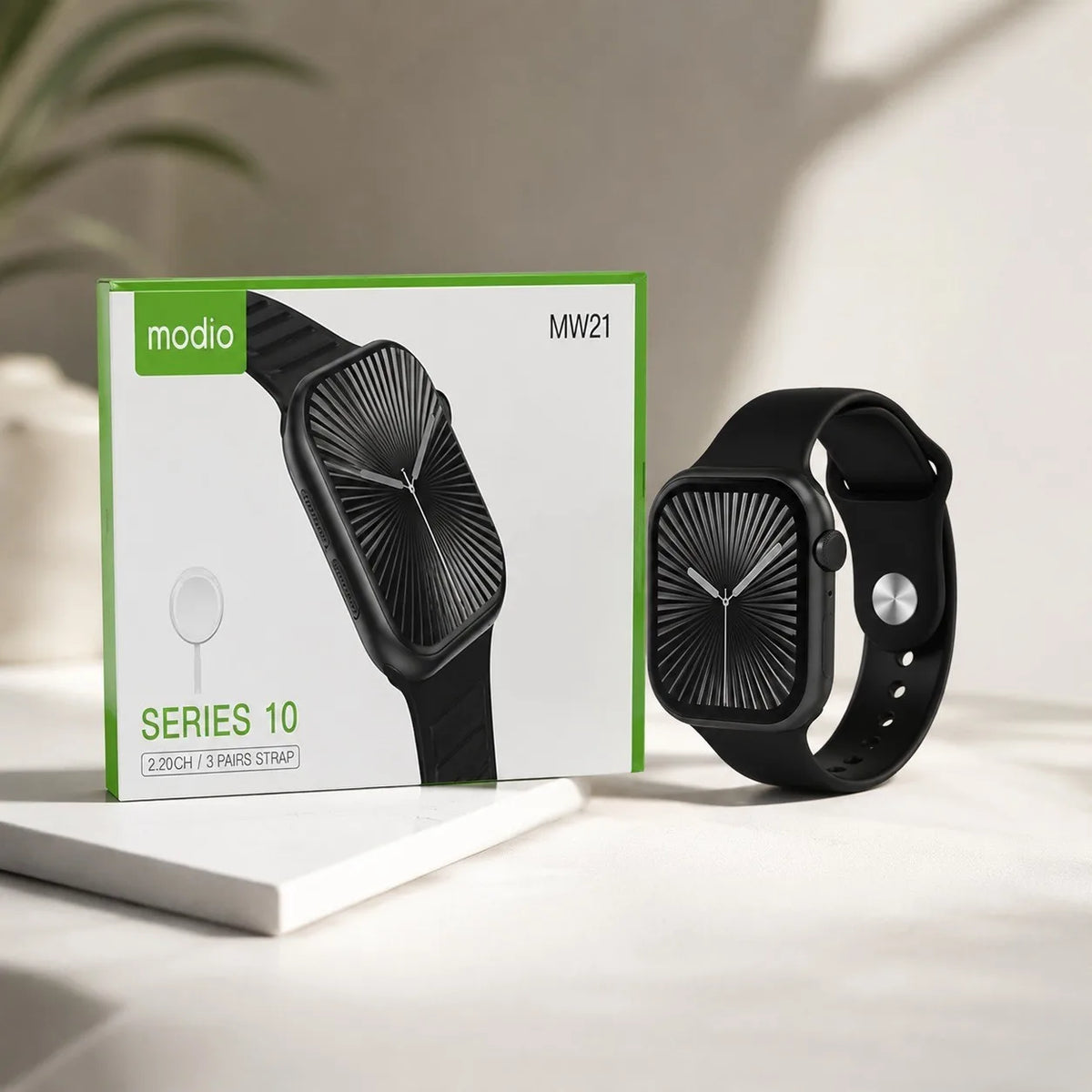 Modio MW21 | Montre connectée avec trois paires de bracelets | Couleur noire